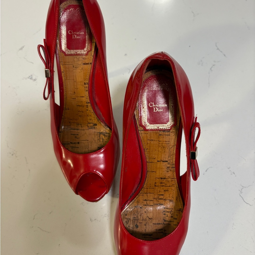 Dior Cherry Red Bow Accent Heels